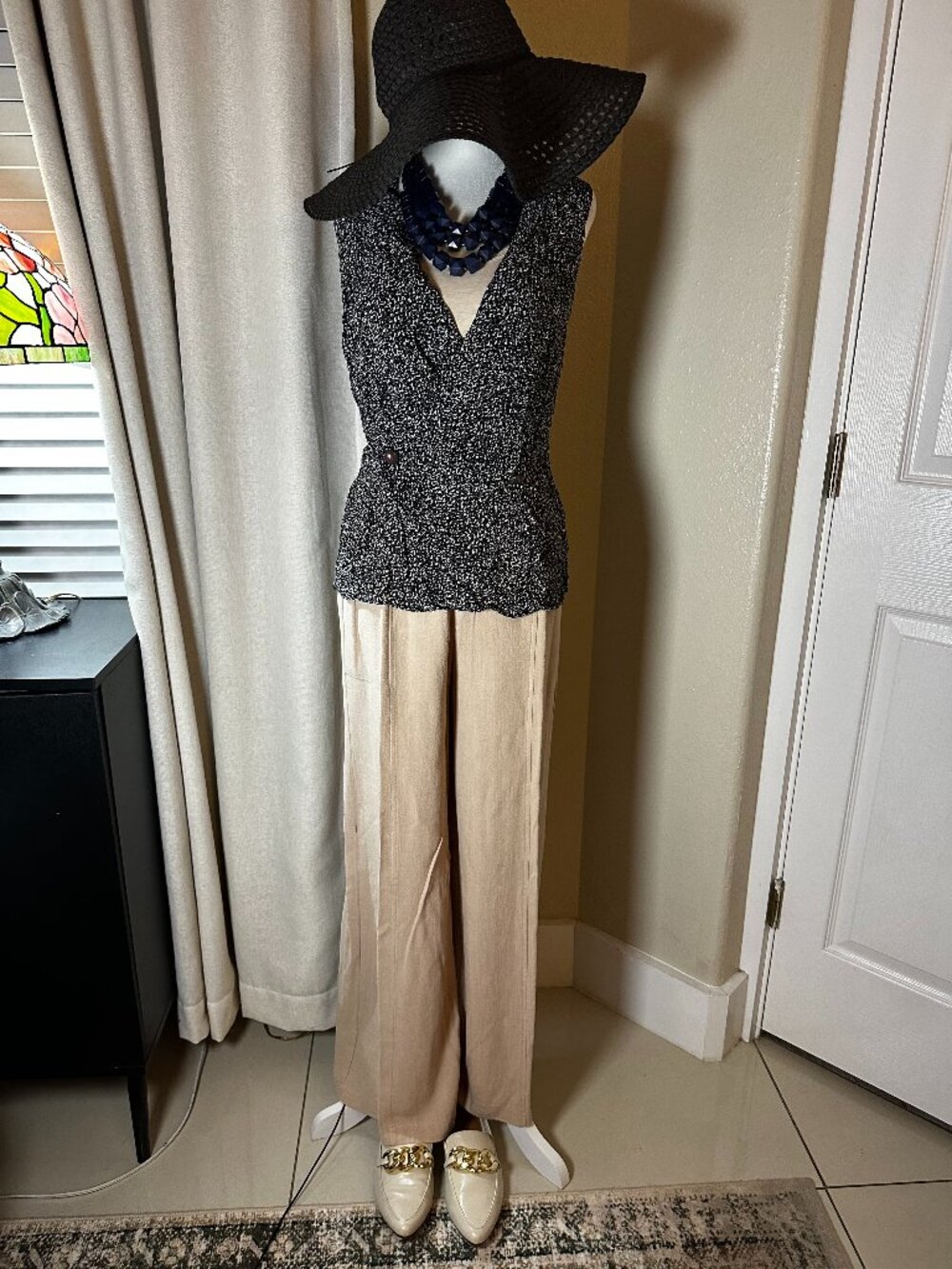 Beige High-Waisted Elastic Paperbag Wide-Leg Linen-Look Trousers | Size S